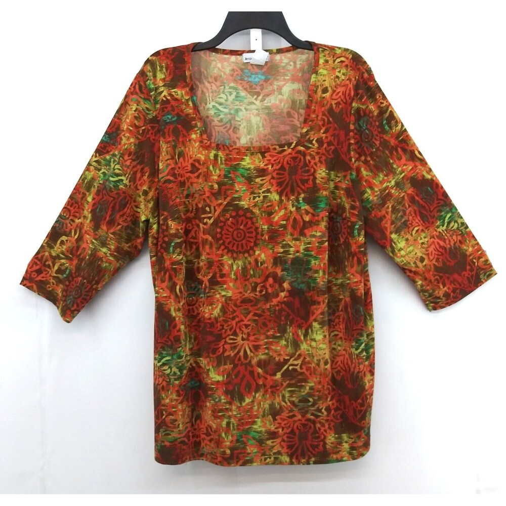 Jessica London Blouse Women Size 18/20 Red Orange Floral Square Neck Tropical